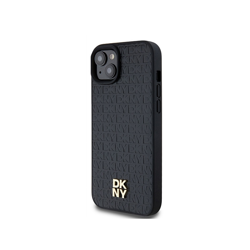 Etui DKNY Leather Monogram Pattern Metal Logo MagSafe na iPhone 15 Plus / 14 Plus - czarne