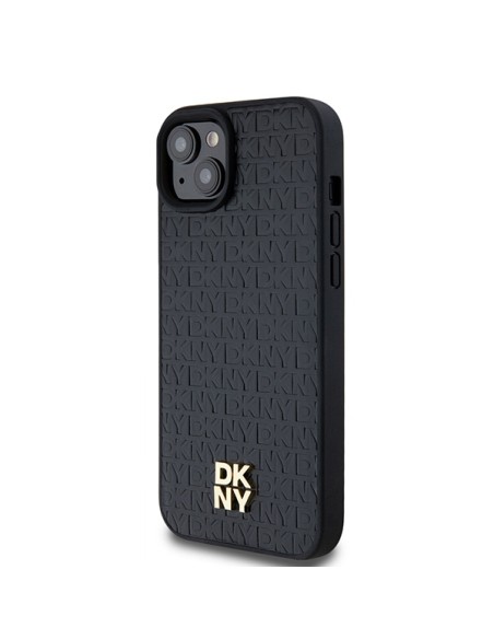 Etui DKNY Leather Monogram Pattern Metal Logo MagSafe na iPhone 15 Plus / 14 Plus - czarne