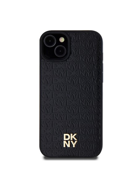 Etui DKNY Leather Monogram Pattern Metal Logo MagSafe na iPhone 15 Plus / 14 Plus - czarne