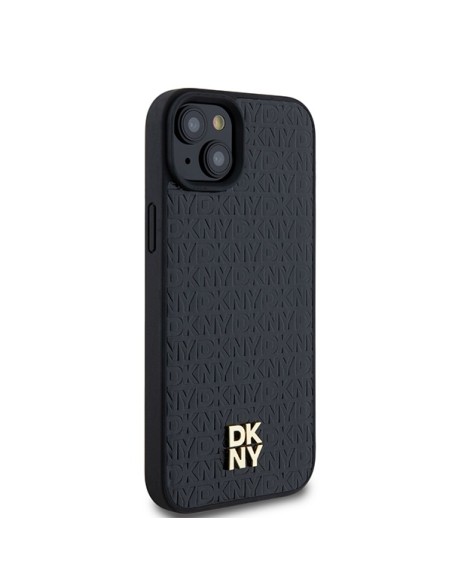 Etui DKNY Leather Monogram Pattern Metal Logo MagSafe na iPhone 15 Plus / 14 Plus - czarne