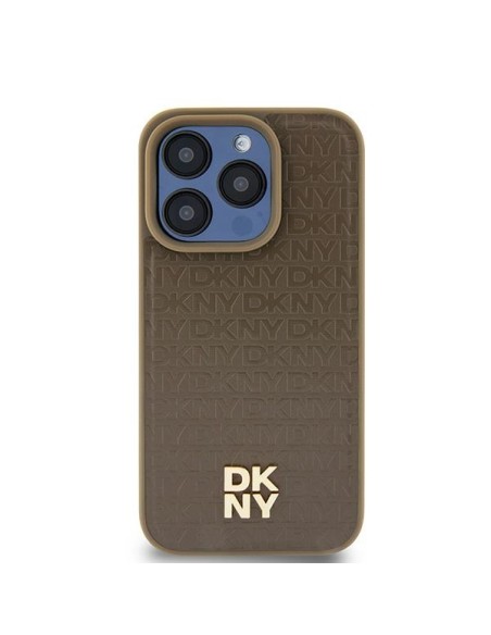 Etui DKNY Leather Pattern Metal Logo MagSafe na iPhone 15 Plus / 14 Plus - brązowe