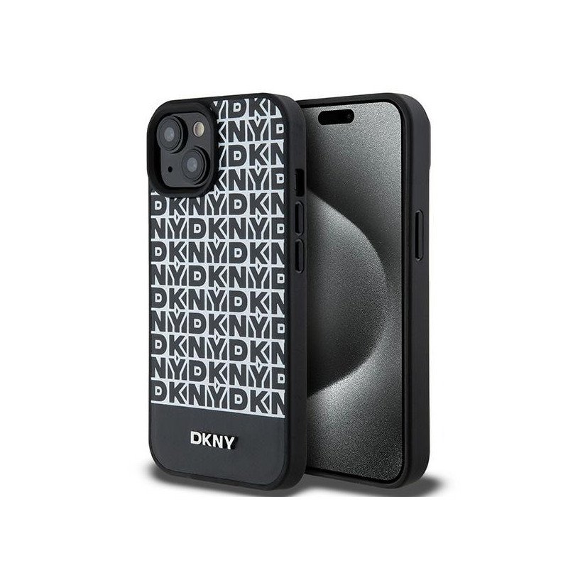Etui DKNY Leather Printed Pattern Metal Logo MagSafe na iPhone 15 / 14 / 13 - czarne Etui DKNY Leather Printed Pattern Metal Logo MagSafe na iPhone 15 / 14 / 13 - czarne