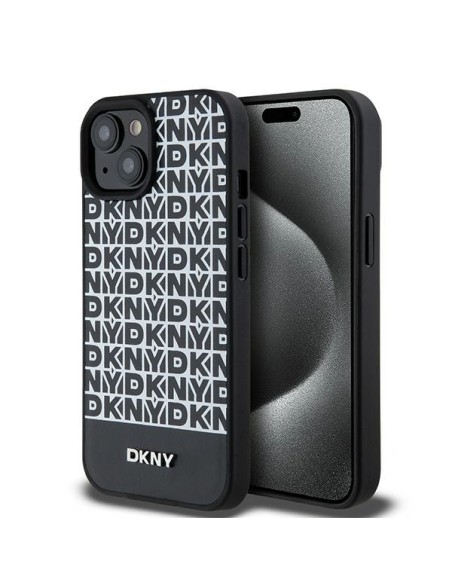 Etui DKNY Leather Printed Pattern Metal Logo MagSafe na iPhone 15 / 14 / 13 - czarne Etui DKNY Leather Printed Pattern Metal Logo MagSafe na iPhone 15 / 14 / 13 - czarne