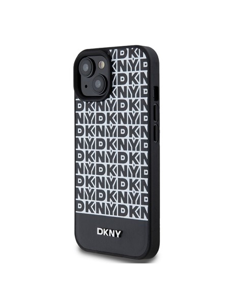 Etui DKNY Leather Printed Pattern Metal Logo MagSafe na iPhone 15 / 14 / 13 - czarne Etui DKNY Leather Printed Pattern Metal Logo MagSafe na iPhone 15 / 14 / 13 - czarne