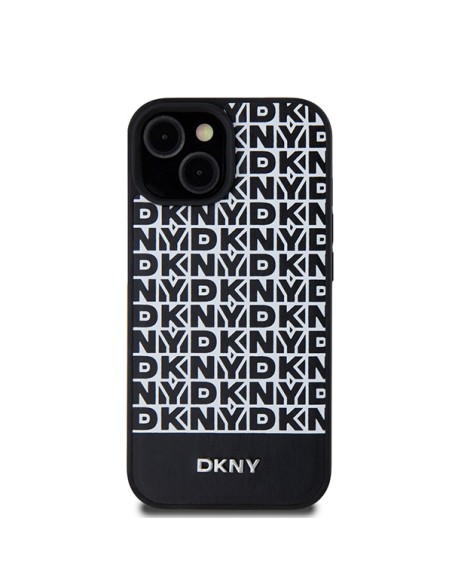 Etui DKNY Leather Printed Pattern Metal Logo MagSafe na iPhone 15 / 14 / 13 - czarne Etui DKNY Leather Printed Pattern Metal Logo MagSafe na iPhone 15 / 14 / 13 - czarne