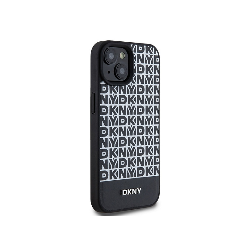 Etui DKNY Leather Printed Pattern Metal Logo MagSafe na iPhone 15 / 14 / 13 - czarne