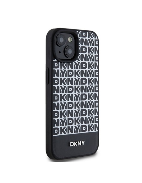 Etui DKNY Leather Printed Pattern Metal Logo MagSafe na iPhone 15 / 14 / 13 - czarne Etui DKNY Leather Printed Pattern Metal Logo MagSafe na iPhone 15 / 14 / 13 - czarne