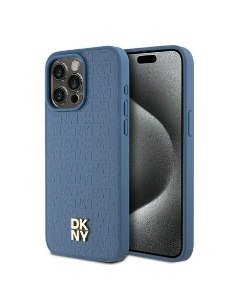 Etui DKNY Leather Monogram Pattern Metal Logo MagSafe na iPhone 15 Pro Max - niebieskie Etui DKNY Leather Monogram Pattern Metal Logo MagSafe na iPhone 15 Pro Max - niebieskie