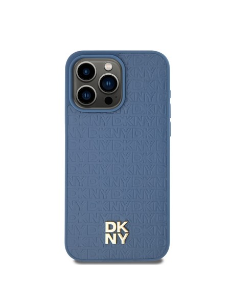Etui DKNY Leather Monogram Pattern Metal Logo MagSafe na iPhone 15 Pro Max - niebieskie Etui DKNY Leather Monogram Pattern Metal Logo MagSafe na iPhone 15 Pro Max - niebieskie
