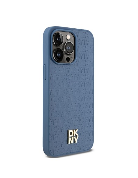 Etui DKNY Leather Monogram Pattern Metal Logo MagSafe na iPhone 15 Pro Max - niebieskie Etui DKNY Leather Monogram Pattern Metal Logo MagSafe na iPhone 15 Pro Max - niebieskie