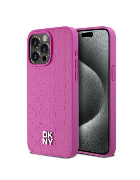 Etui DKNY Leather Monogram Pattern Metal Logo MagSafe na iPhone 15 Pro Max - różowe Etui DKNY Leather Monogram Pattern Metal Logo MagSafe na iPhone 15 Pro Max - różowe