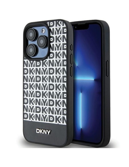 Etui DKNY Leather Printed Pattern Metal Logo MagSafe na iPhone 15 Pro Max - czarne Etui DKNY Leather Printed Pattern Metal Logo MagSafe na iPhone 15 Pro Max - czarne