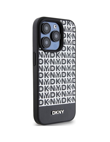 Etui DKNY Leather Printed Pattern Metal Logo MagSafe na iPhone 15 Pro Max - czarne Etui DKNY Leather Printed Pattern Metal Logo MagSafe na iPhone 15 Pro Max - czarne
