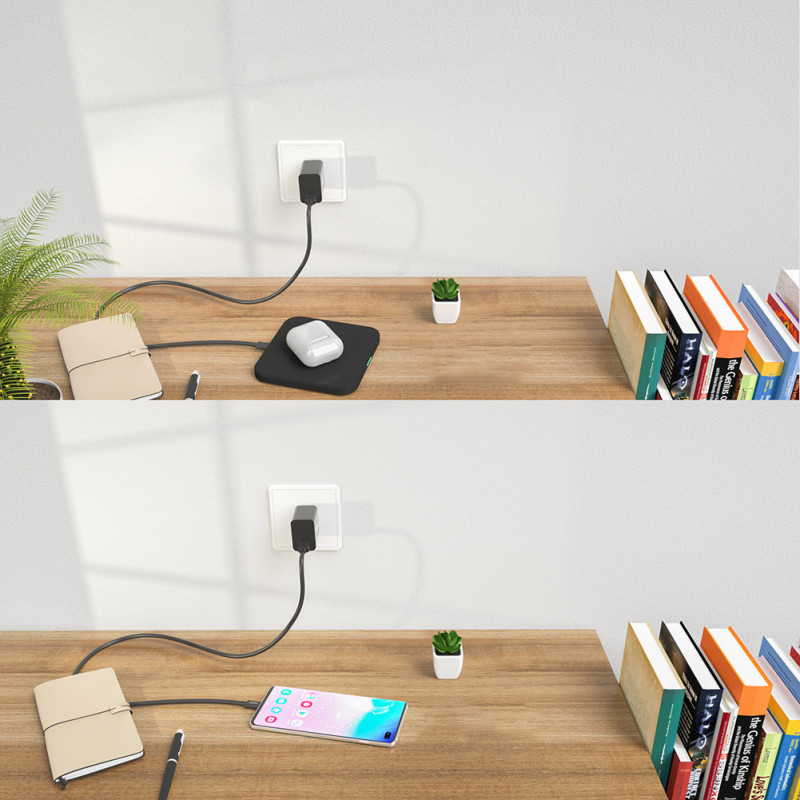 Qi 10W belaidis įkroviklis ausinėms telefonui ir QC3.0 sieninis įkroviklis + USB - microUSB laidas 1,2m juodas