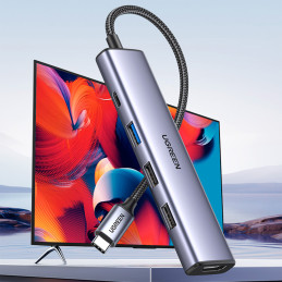 
Daugiafunkcis HUB adapteris USB-A HDMI USB-C pilka
