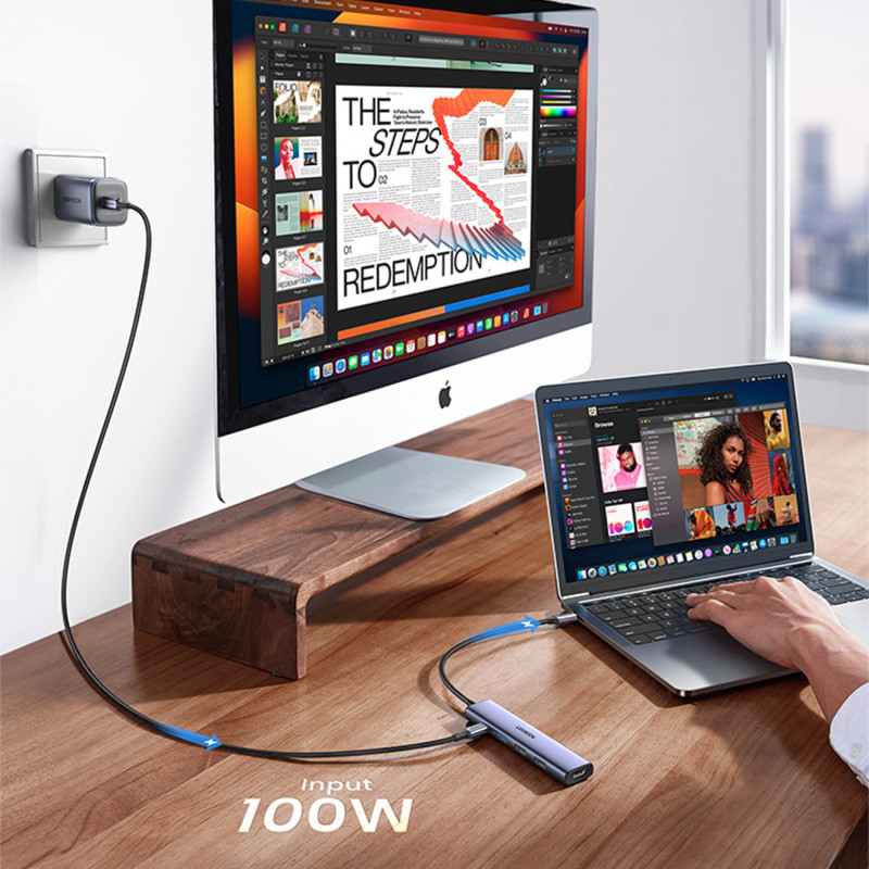 Daugiafunkcis HUB adapteris USB-A HDMI USB-C pilka
