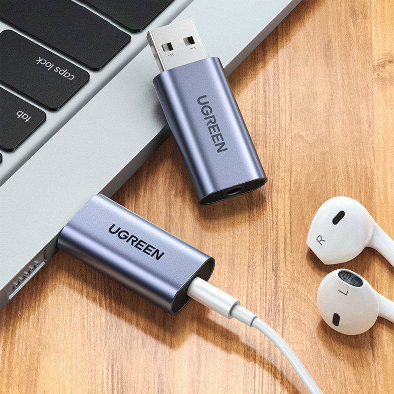 USB-A į miniJack 3,5 mm pilkos spalvos ausinių garso adapteris