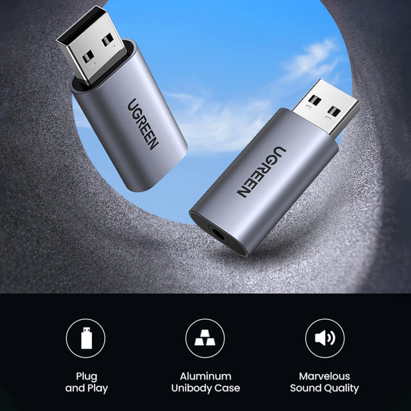 USB-A į miniJack 3,5 mm pilkos spalvos ausinių garso adapteris