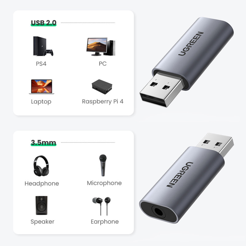 USB-A į miniJack 3,5 mm pilkos spalvos ausinių garso adapteris
