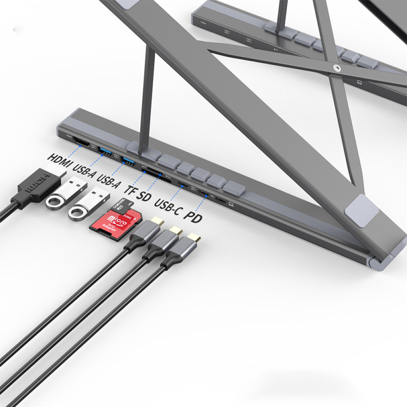 7 viename nešiojamojo kompiuterio stovas HUB adapteris PD USB-C SD TF USB-A HDMI 100 W pilka