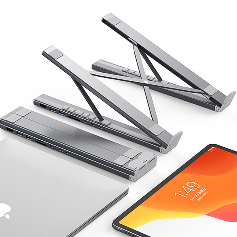 7 viename nešiojamojo kompiuterio stovas HUB adapteris PD USB-C SD TF USB-A HDMI 100 W pilka