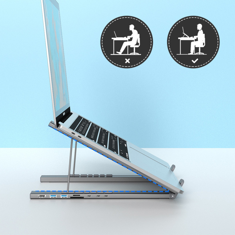 7 viename nešiojamojo kompiuterio stovas HUB adapteris PD USB-C SD TF USB-A HDMI 100 W pilka