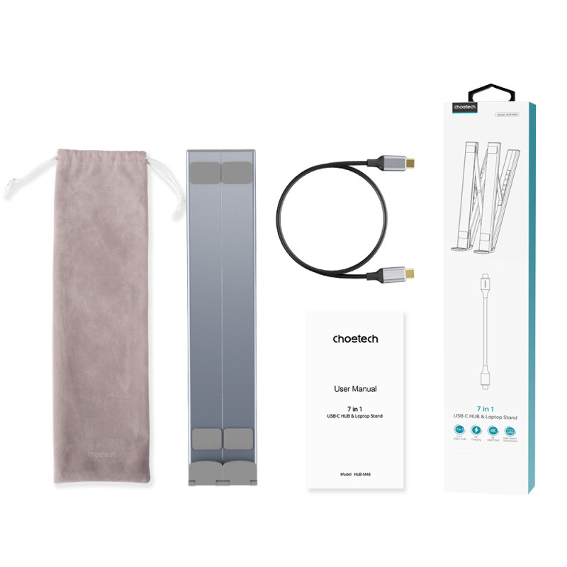 7 viename nešiojamojo kompiuterio stovas HUB adapteris PD USB-C SD TF USB-A HDMI 100 W pilka
