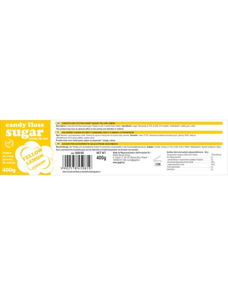 Spalvotas cukrus cukraus vatai geltonos citrinos skonio 400g Spalvotas cukrus cukraus vatai geltonos citrinos skonio 400g