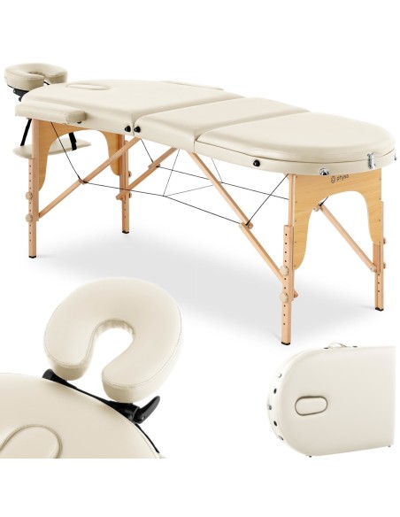 Nešiojamas sulankstomas masažo stalas su mediniu rėmu Colmar Beige iki 227 kg smėlio spalvos Nešiojamas sulankstomas masažo stalas su mediniu rėmu Colmar Beige iki 227 kg smėlio spalvos
