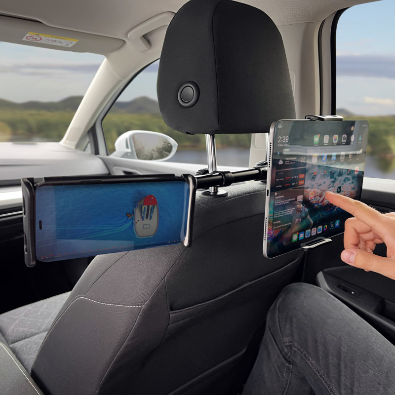 
Dvigubas juodas automobilinio telefono laikiklis galvos atramai
