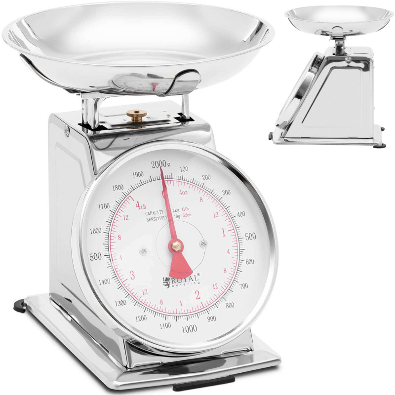 Analoginės virtuvės svarstyklės pagamintos iš plieno iki 2 kg / 10 g - sidabrinės Analoginės virtuvės svarstyklės pagamintos iš plieno iki 2 kg / 10 g - sidabrinės