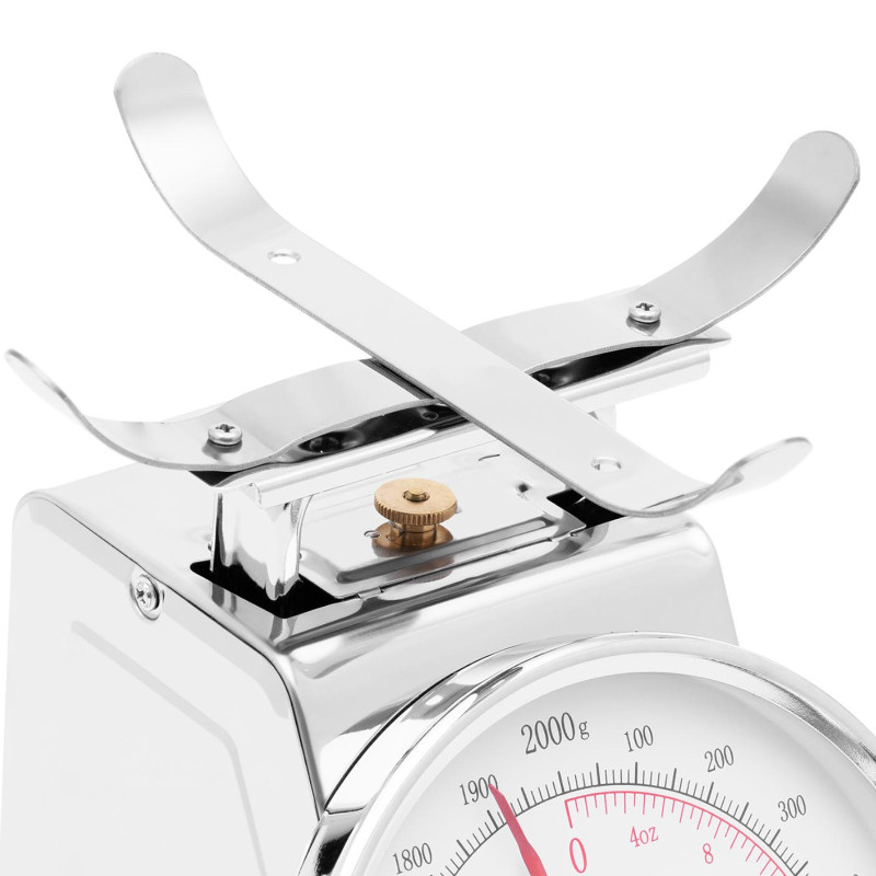 Analoginės virtuvės svarstyklės pagamintos iš plieno iki 2 kg / 10 g - sidabrinės