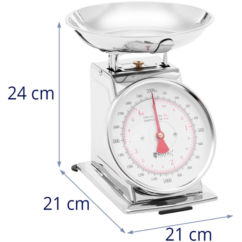 Analoginės virtuvės svarstyklės pagamintos iš plieno iki 2 kg / 10 g - sidabrinės