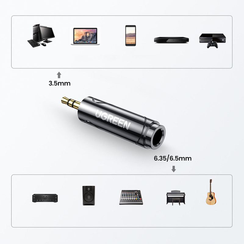 Garso adapteris nuo 3,5 mm (vyriškas) iki 6,35 mm mini lizdas (moteris) pilkas