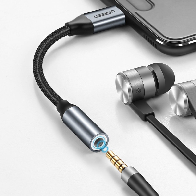 Ausinių adapteris nuo mini lizdo 3,5 mm iki USB-C 10 cm – pilkas