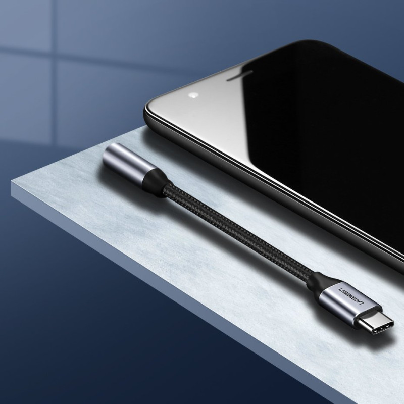 Ausinių adapteris nuo mini lizdo 3,5 mm iki USB-C 10 cm – pilkas