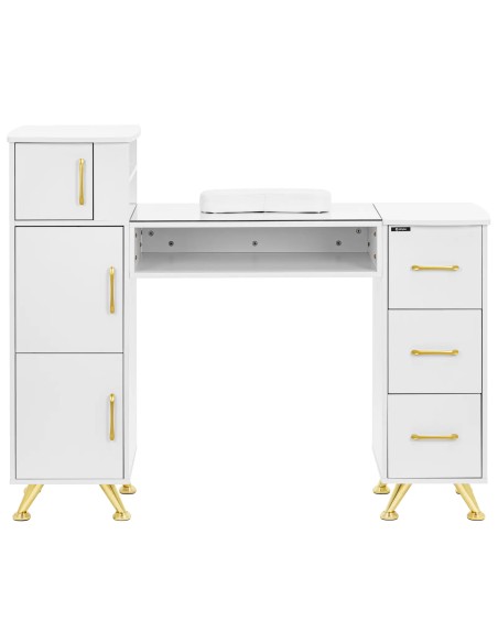 Kosmetikos stalas manikiūro stiklui viršus 3 stalčiai 3 spintelės 140 x 50 cm - baltas auksas
 
Kosmetikos stalas manikiūro stiklui viršus 3 stalčiai 3 spintelės 140 x 50 cm - baltas auksas