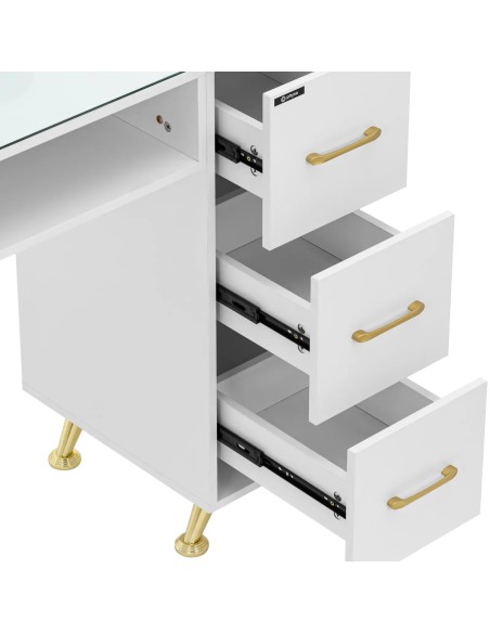 Kosmetikos stalas manikiūro stiklui viršus 3 stalčiai 3 spintelės 140 x 50 cm - baltas auksas
 
Kosmetikos stalas manikiūro stiklui viršus 3 stalčiai 3 spintelės 140 x 50 cm - baltas auksas