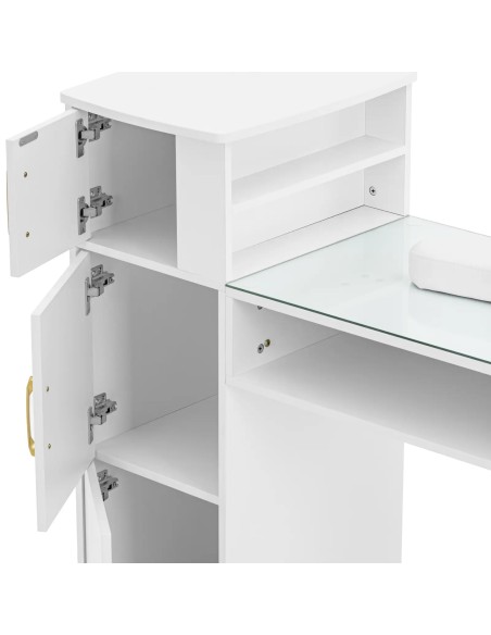 Kosmetikos stalas manikiūro stiklui viršus 3 stalčiai 3 spintelės 140 x 50 cm - baltas auksas
 
Kosmetikos stalas manikiūro stiklui viršus 3 stalčiai 3 spintelės 140 x 50 cm - baltas auksas