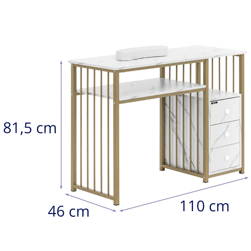 Manikiūro kosmetikos stalas su rankų atrama 3 stalčiais 110 x 46 cm – marmurinis auksas