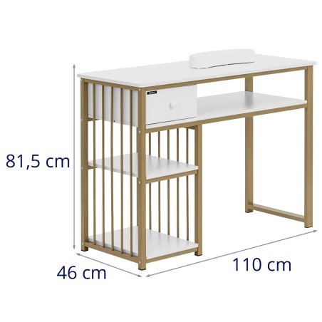 Manikiūro kosmetinis stalas su atrama rankoms, stalčiukas, 3 lentynos, 110 x 46 cm - baltas auksas
 
Manikiūro kosmetinis stalas su atrama rankoms, stalčiukas, 3 lentynos, 110 x 46 cm - baltas auksas