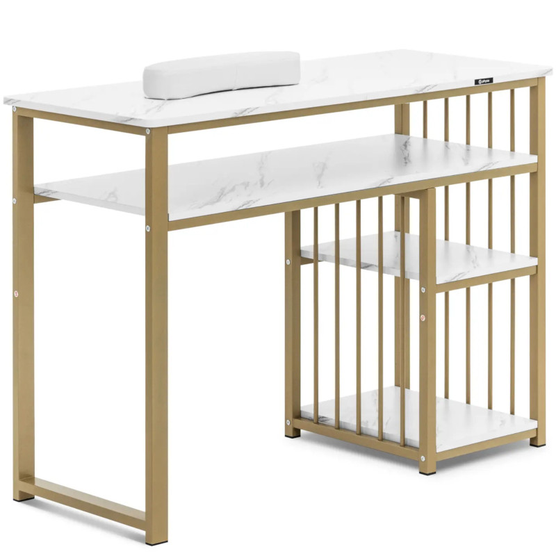 
Kosmetinis manikiūro stalas su metaline rankų atrama 110 x 46 cm - marmurinis auksas

