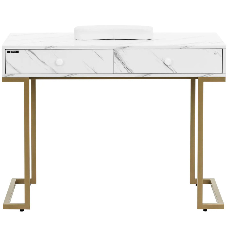 Manikiūro kosmetikos stalas su rankų atrama 2 stalčiais 106 x 52 cm – marmurinis auksas