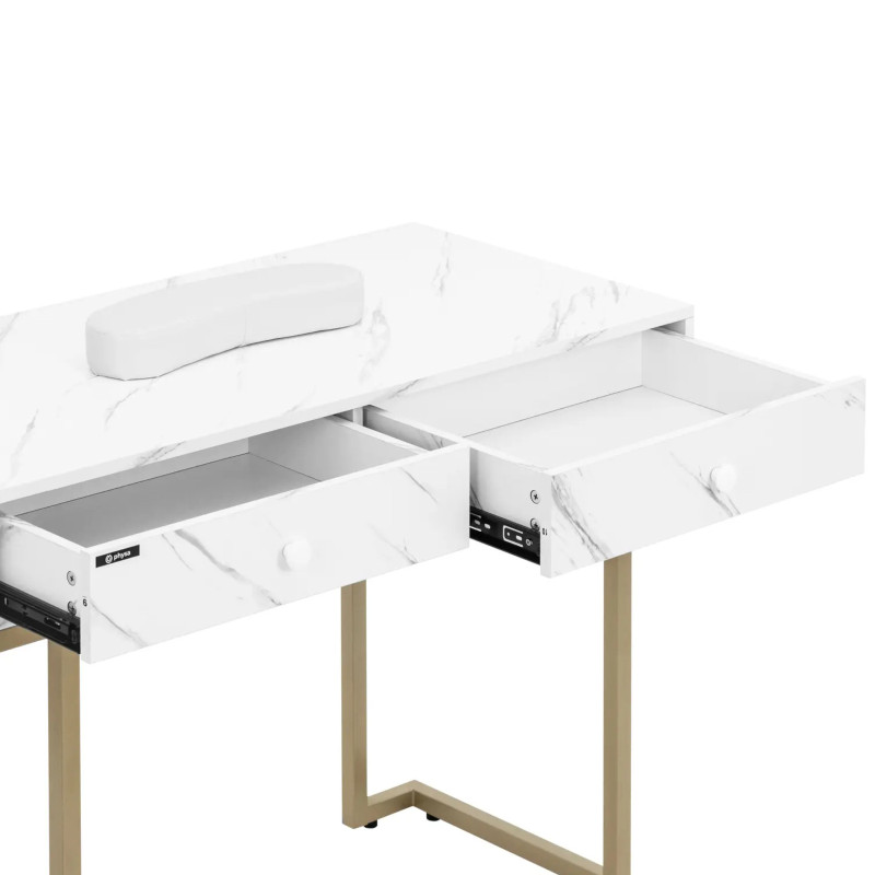 Manikiūro kosmetikos stalas su rankų atrama 2 stalčiais 106 x 52 cm – marmurinis auksas