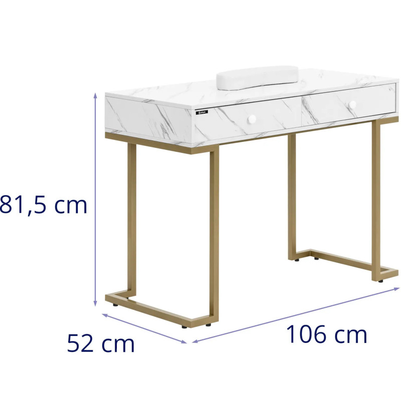 Manikiūro kosmetikos stalas su rankų atrama 2 stalčiais 106 x 52 cm – marmurinis auksas
