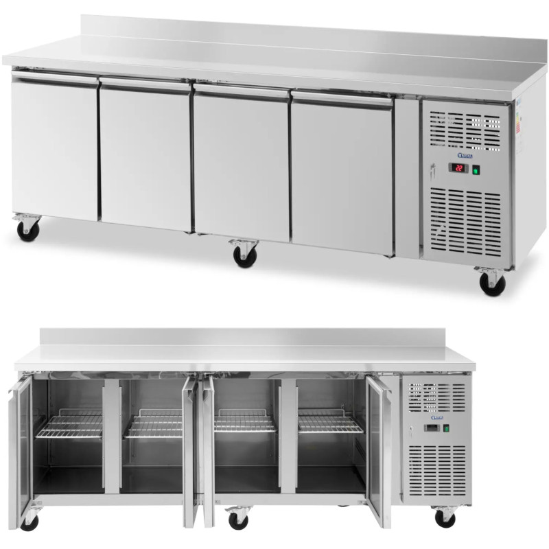 
Šaldomas maitinimo stalas su ratlankiu ant ratų 4 kameros 550 l 223x70x95 cm
