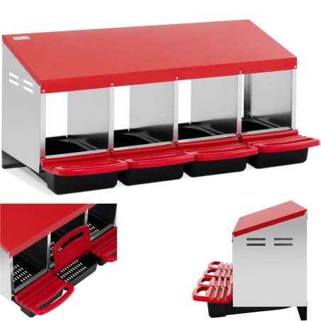 
Prie sienos tvirtinamas dedeklių vištų lizdas, 4 kameros, plienas, 52 x 107,5 x 49 cm
