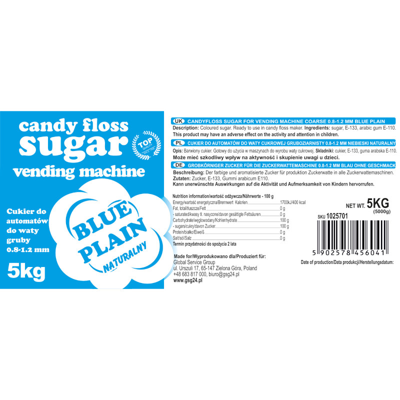 
Cukrus cukraus vatos mašinai, granuliacija 0,8-1,2 mm, natūralaus skonio, MĖLYNA, 5 kg
