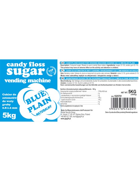 
Cukrus cukraus vatos mašinai, granuliacija 0,8-1,2 mm, natūralaus skonio, MĖLYNA, 5 kg
