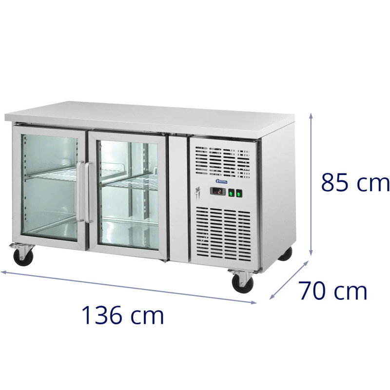Šaldomas stalas ant ratų, 2 durys, įstiklintas, 280 l, 136 x 70 x 85 cm